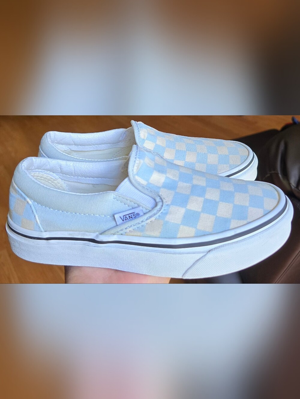 Sz 3.5 Men's/5.0 Women's VANS CLASSIC CHECKERBOARD Light Blue/White Slip-on Shoe - Picture 3 of 8